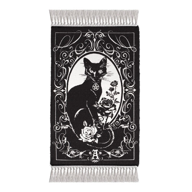 Black cat occult rug Alchemy Gothic Paracelsus woven cotton full design view