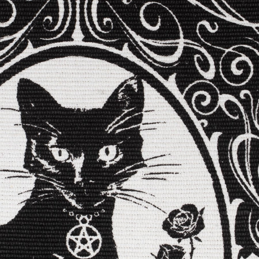 Black cat occult rug featuring a detailed design of a black cat with a pentagram and roses, perfect for gothic home decor.