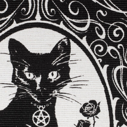Black cat occult rug featuring a detailed design of a black cat with a pentagram and roses, perfect for gothic home decor.