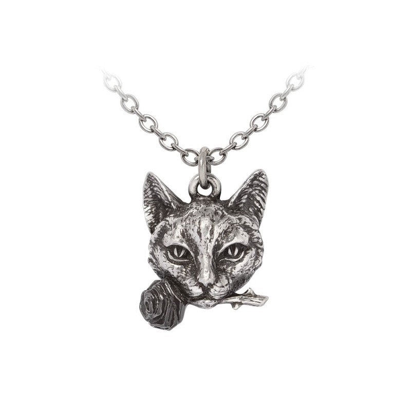 Alchemy Gothic Pendle Hill Imp Cat Necklace Black Rose Witch Familiar Pewter Jewellery