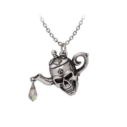 Skull Necklace featuring a miniature skull-shaped teapot pendant with crystal drop, handcrafted in England.