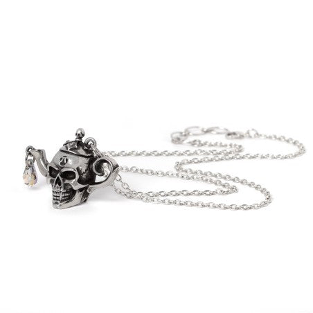 Skull Necklace featuring a miniature skull-shaped teapot pendant with an iridescent drop, handcrafted in England.