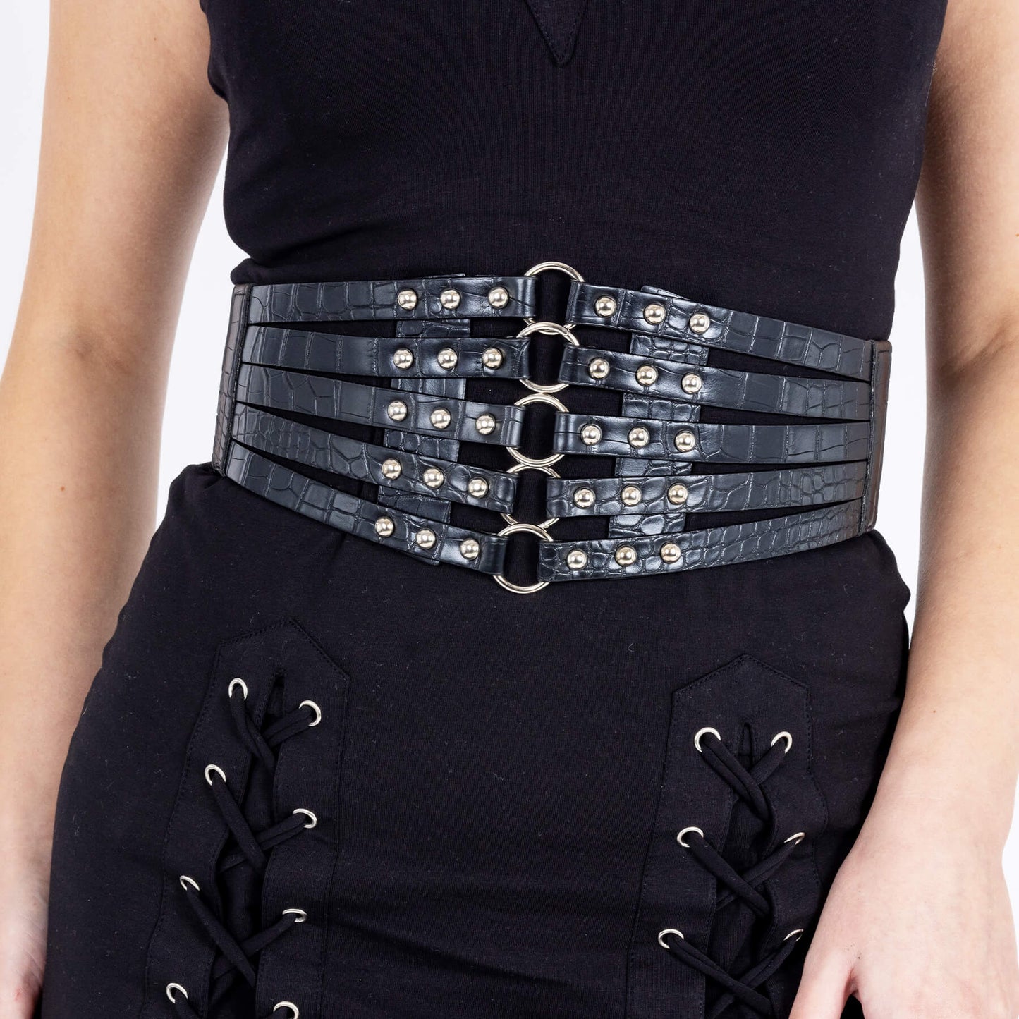 oizen Industries Shona mock croc stud belt with O rings gothic waist belt