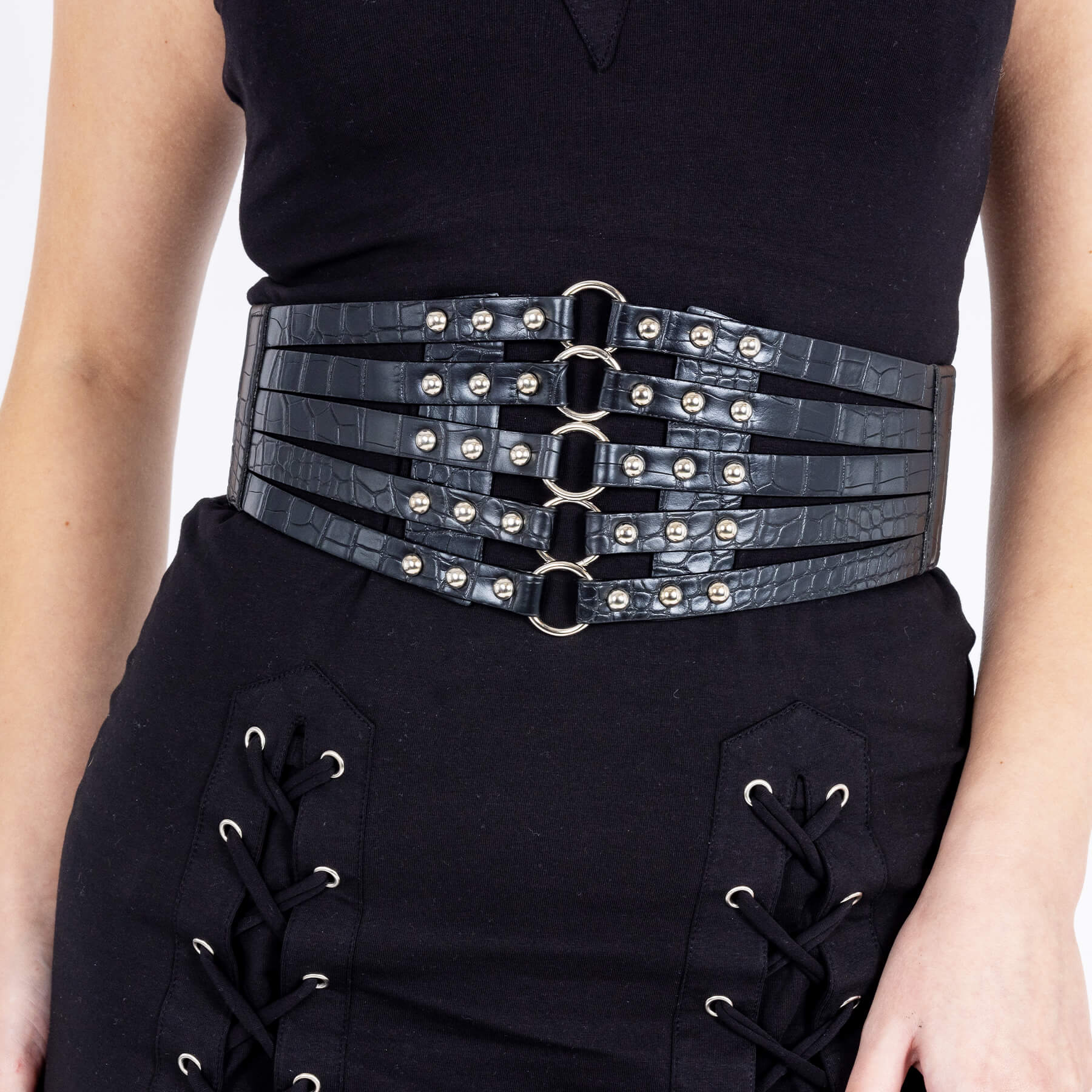 oizen Industries Shona mock croc stud belt with O rings gothic waist belt