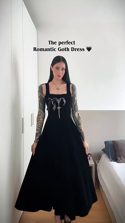 Dark in Love Lux Black Velvet Horn Embroidery Maxi Dress