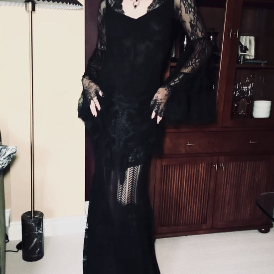 Julia Rose Noir wearing the Punk Rave Rowena Gothic Fishtail Maxi Skirt with the Dark in Love Zuri Gothic Bell Sleeve Top