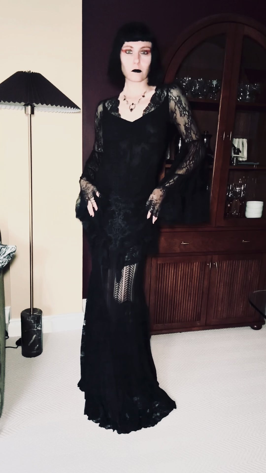 Julia Rose Noir wearing the Punk Rave Rowena Gothic Fishtail Maxi Skirt with the Dark in Love Zuri Gothic Bell Sleeve Top