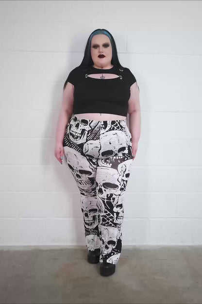 Killstar Plentiful Reap Bootcut Trousers with White Skull Print