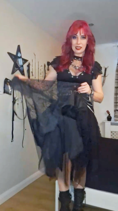 Kate wearing the Punk Rave Vespera bat wing mesh skirt with the Dark in Love Punk Coffin mesh panel top, in motion