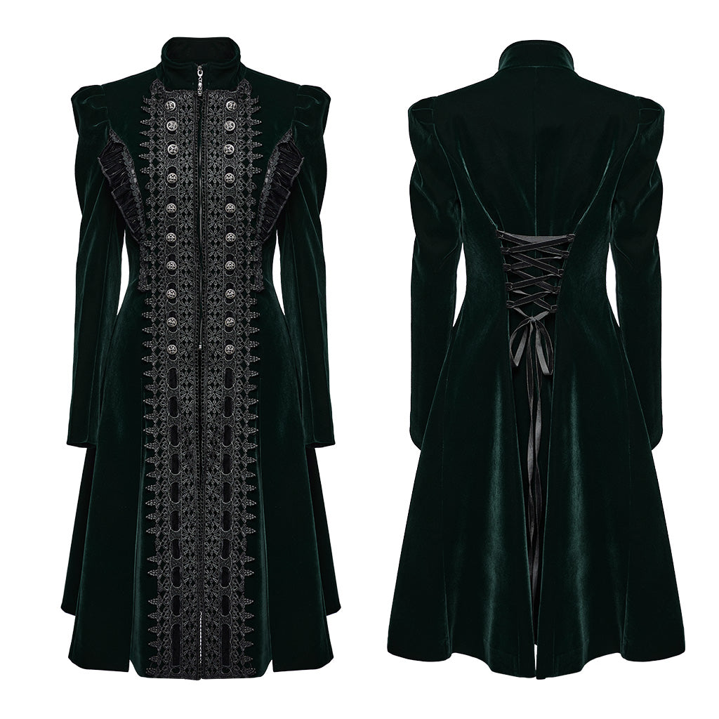 Punk Rave Aviara dark green velvet gothic coat front and back view long gothic velvet coat