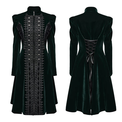 Punk Rave Aviara dark green velvet gothic coat front and back view long gothic velvet coat