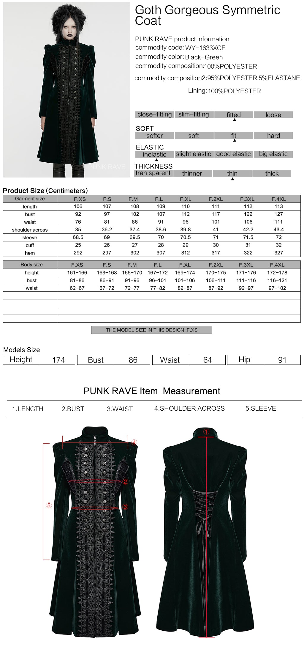 Punk Rave Aviara dark green velvet gothic coat size chart and measurements guide