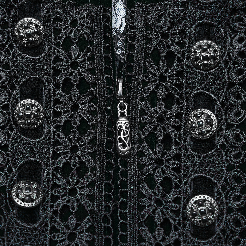 Punk Rave Aviara gothic velvet coat close up lace panel and decorative button detail