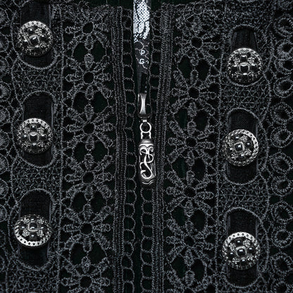 Punk Rave Aviara gothic velvet coat close up lace panel and decorative button detail