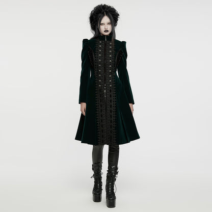 Punk Rave Aviara dark green velvet gothic coat worn by model long gothic winter coat