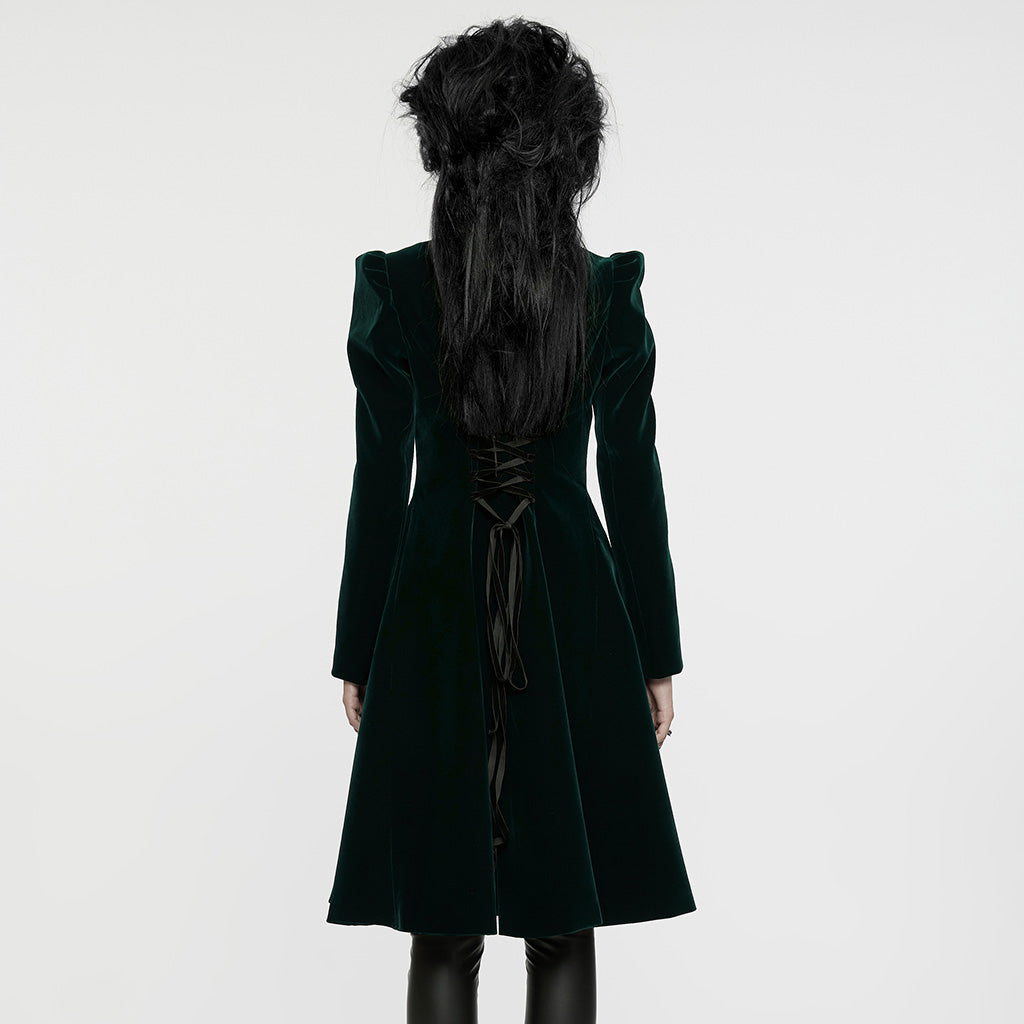 Punk Rave Aviara dark green velvet gothic coat back view with fitted waist design