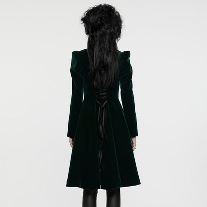 Punk Rave Aviara dark green velvet gothic coat back view with fitted waist design