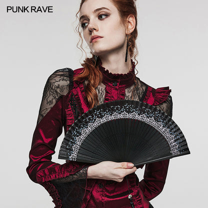 Punk Rave Delaney hand fan held by model black gothic lace folding fan accessory