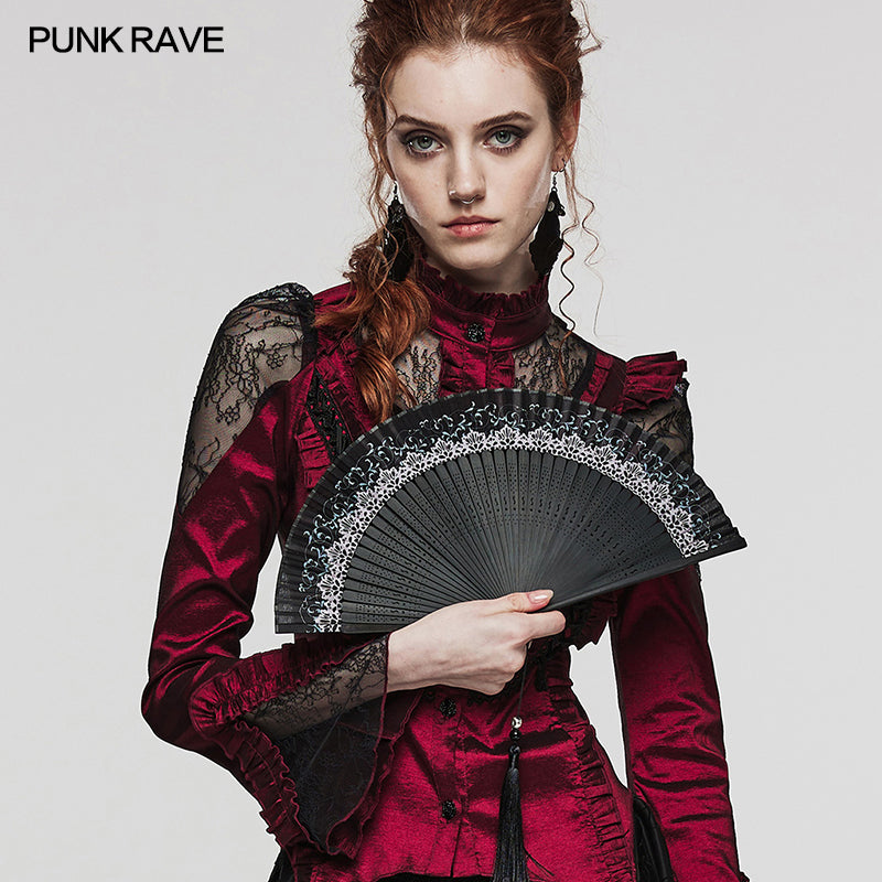 Punk Rave Delaney hand fan gothic lace folding fan with skull charm wrist strap held by model