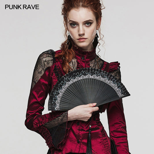 Punk Rave Delaney hand fan gothic lace folding fan with skull charm wrist strap held by model