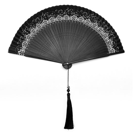 Punk Rave Delaney hand fan open view black gothic folding fan with lace trim