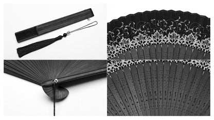 Punk Rave Delaney hand fan side view black gothic folding fan with lace edging