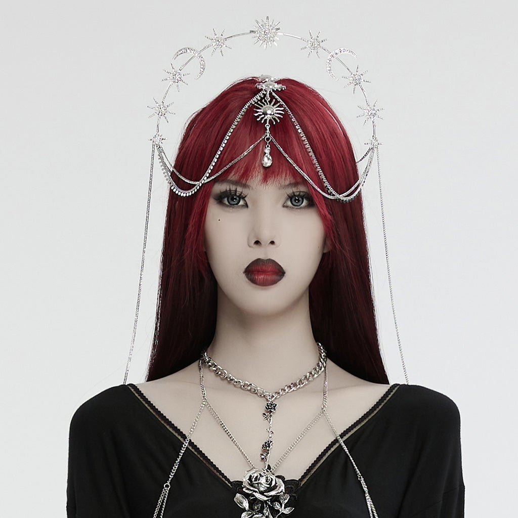 Punk Rave Estrella celestial tiara with sun moon and star charms gothic crown headpiece