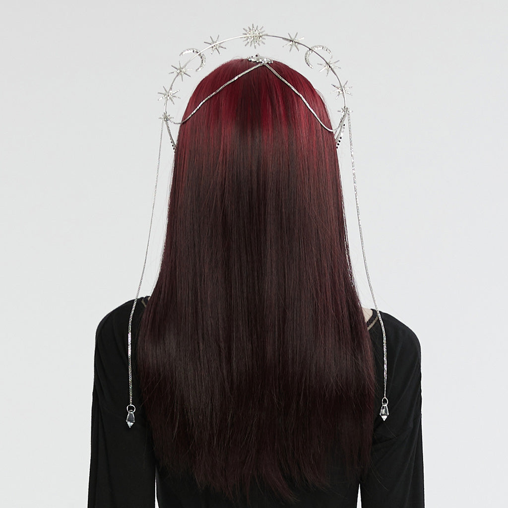 Punk Rave Estrella celestial tiara back view with draped chains gothic headpiece