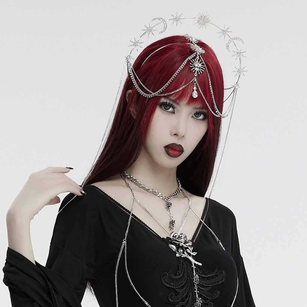 Punk Rave Estrella celestial crown with sun moon and star charms worn by model