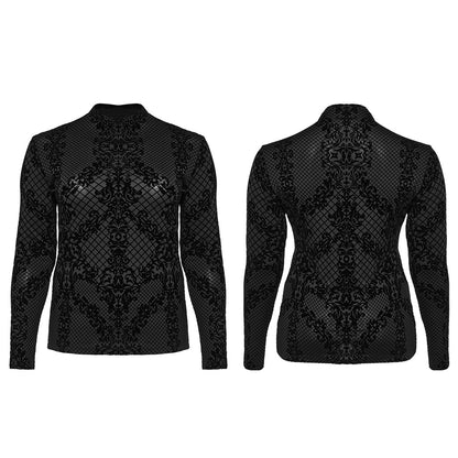 Punk Rave Evonne gothic flocked mesh long sleeve top front and back view black gothic blouse