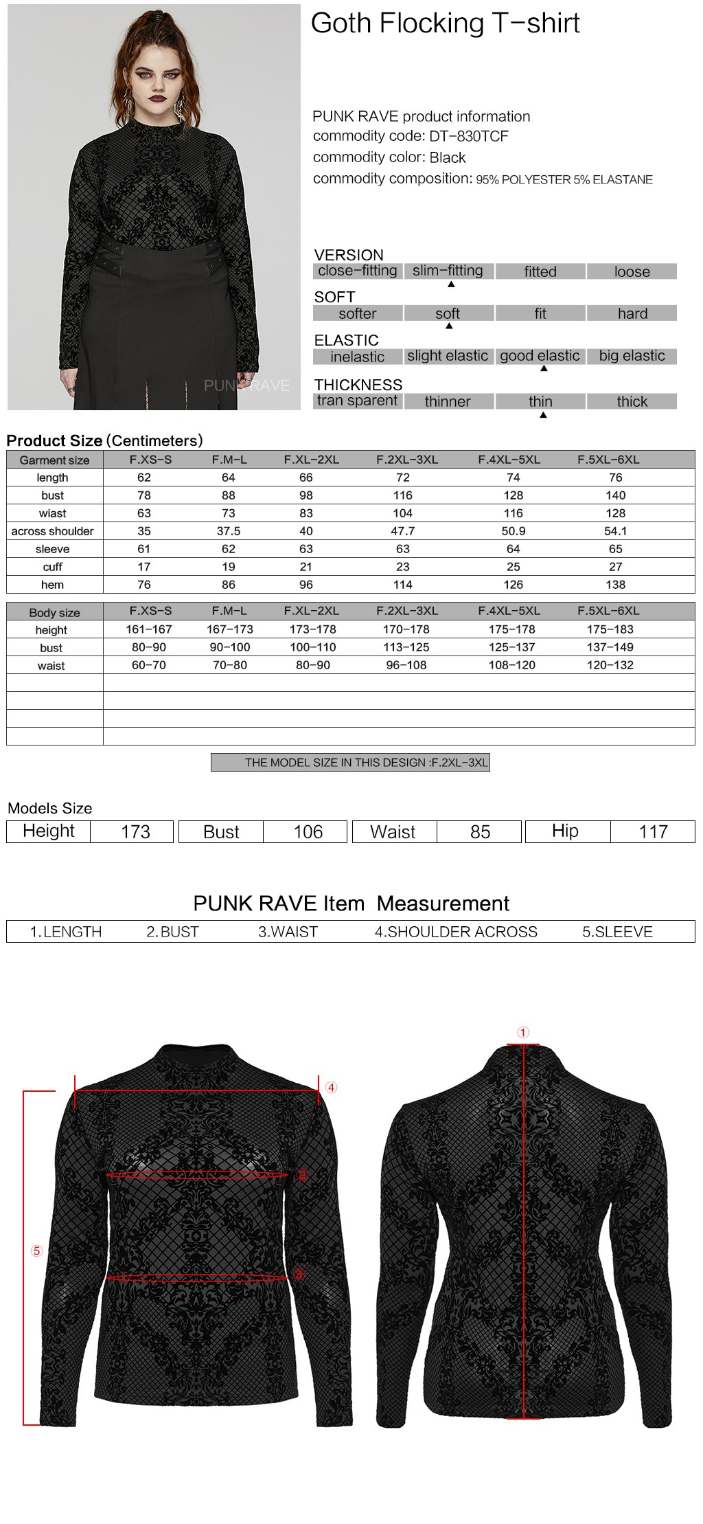 Punk Rave Evonne gothic flocked mesh long sleeve top size chart measurement guide