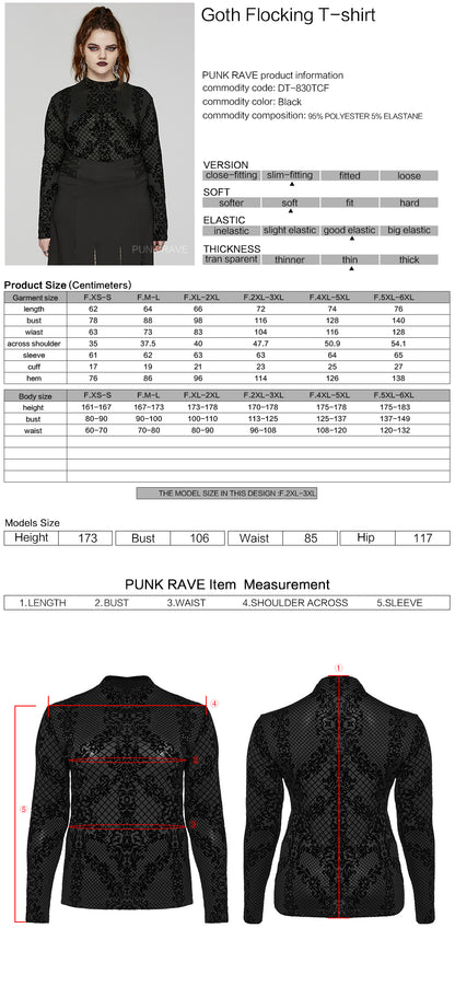 Punk Rave Evonne gothic flocked mesh long sleeve top size chart measurement guide
