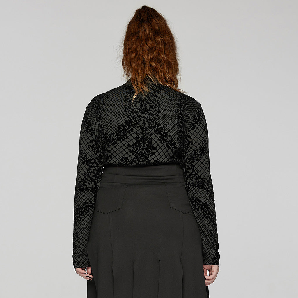 Punk Rave Evonne gothic flocked mesh long sleeve top back view black gothic blouse