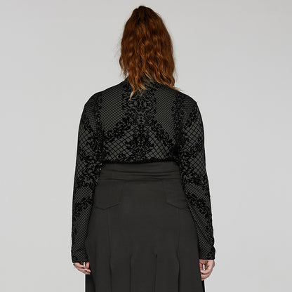 Punk Rave Evonne gothic flocked mesh long sleeve top back view black gothic blouse