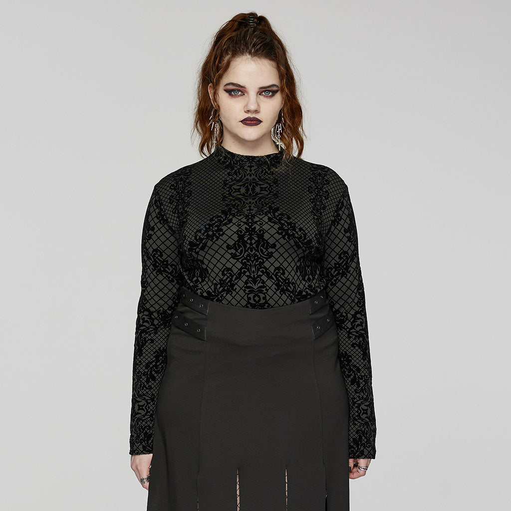 Punk Rave Evonne gothic flocked mesh top front view long sleeve alternative fashion