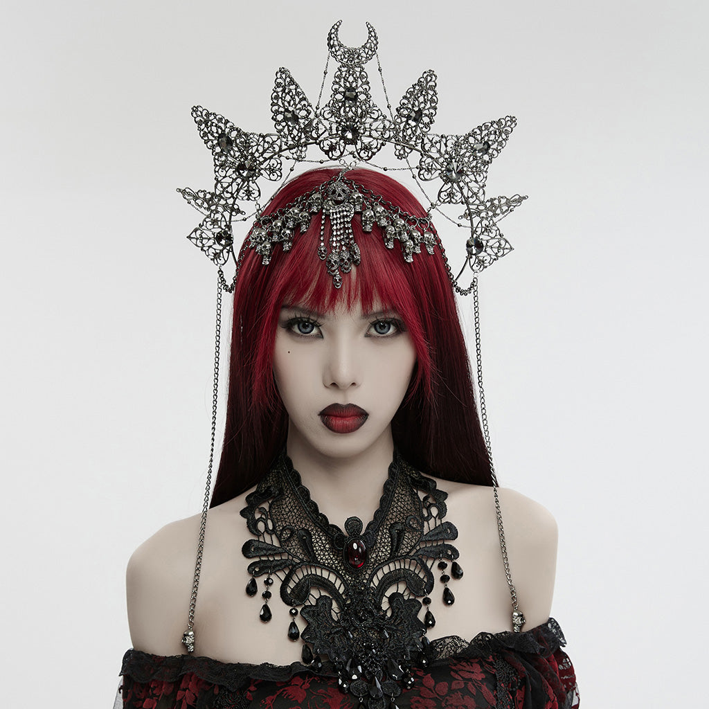 Punk Rave Nicandra gothic skull crown worn by model halo crown with chains and gemstones