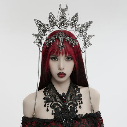 Punk Rave Nicandra gothic skull crown worn by model halo crown with chains and gemstones