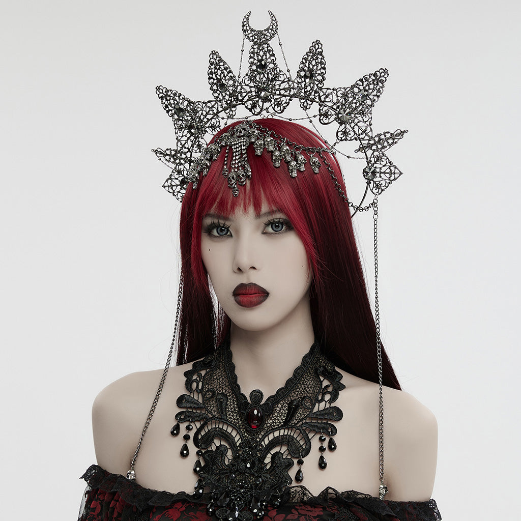 Punk Rave Nicandra gothic skull halo crown front view with red gemstones