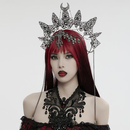 Punk Rave Nicandra gothic skull halo crown front view with red gemstones