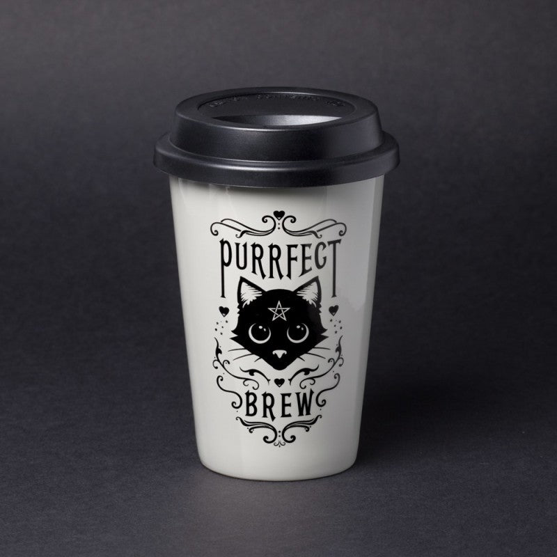 Alchemy Gothic Purrfect Brew Black Cat Travel Mug Ceramic Witchy Gift
