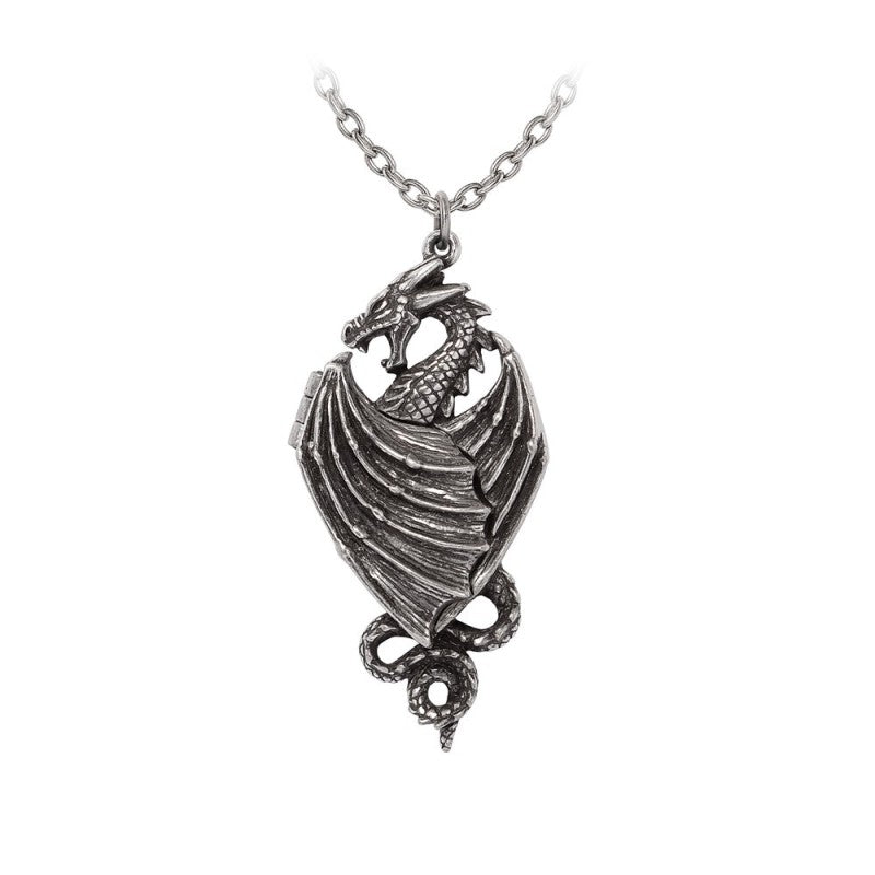 Dragon Necklace featuring a winged locket design in fine English pewter by Alchemy Gothic.
