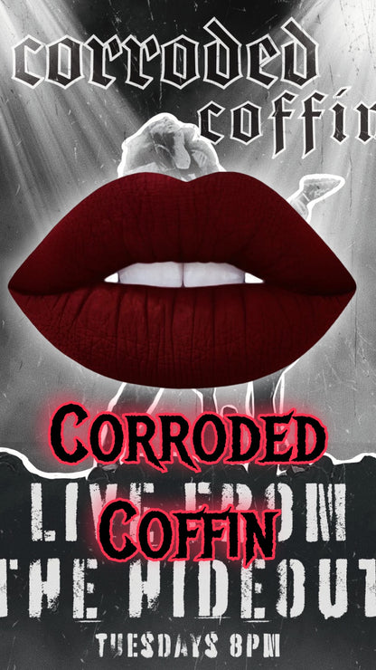 Radioactive Unicorn Corroded Coffin liquid lipstick matte dark red purple gothic shade with long-lasting finish