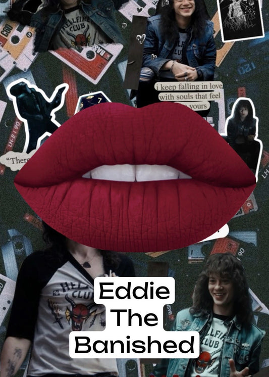 Radioactive Unicorn Eddie Is Banished liquid lipstick matte dark red purple shade with long-lasting gothic finish