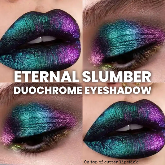 Radioactive Unicorn Eternal Slumber duochrome liquid eyeshadow teal and purple shimmer makeup look on eyes and lips