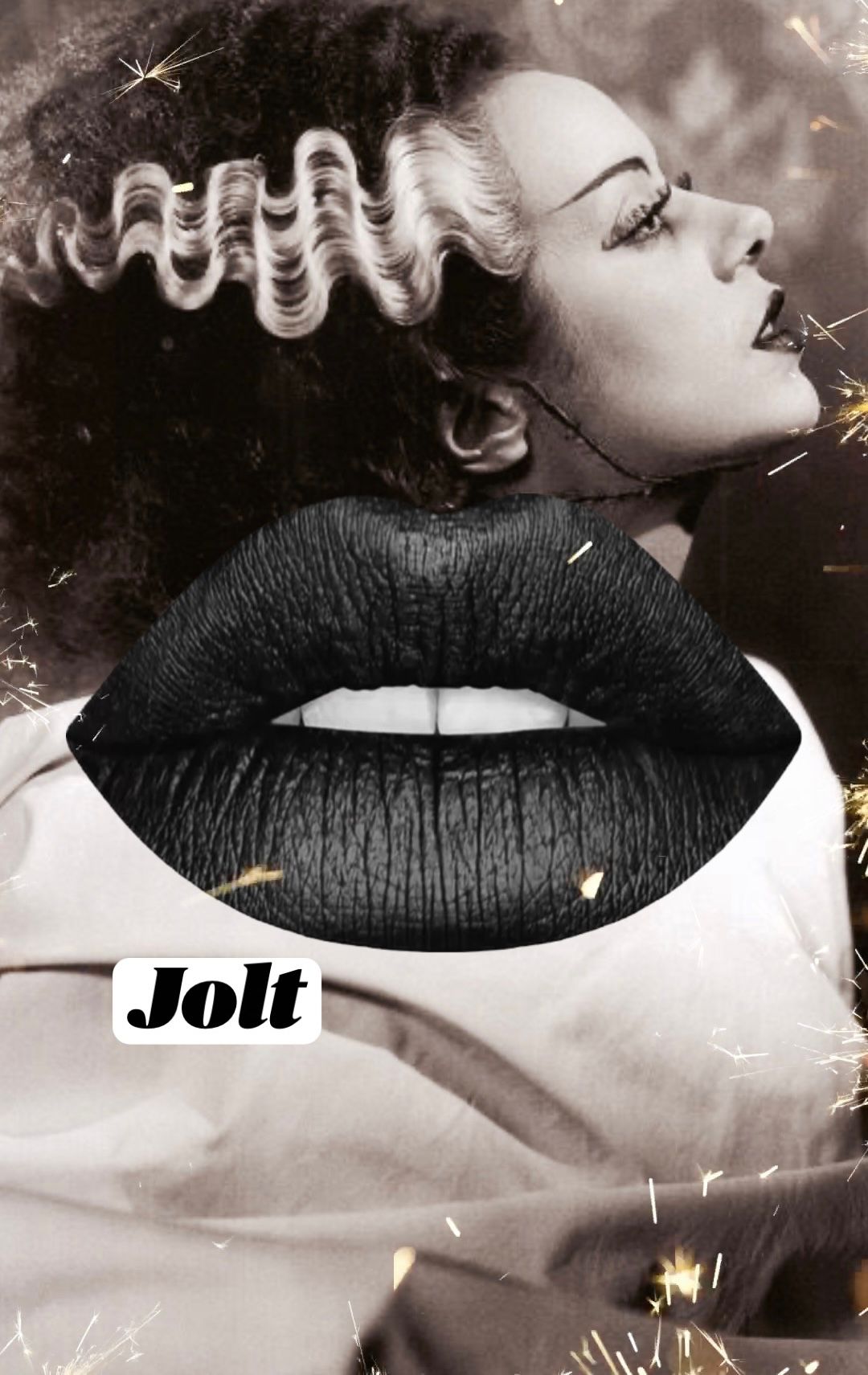 Radioactive Unicorn Jolt lipstick dark grey matte finish close-up on lips alternative makeup look