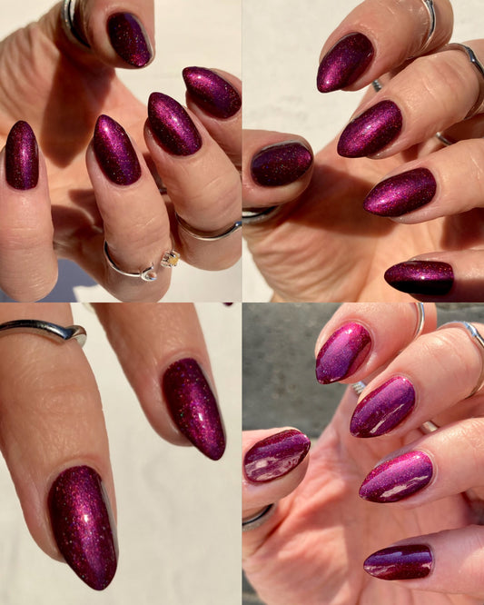 Radioactive Unicorn Mistress of the Dark nail polish deep merlot chrome red holographic nails