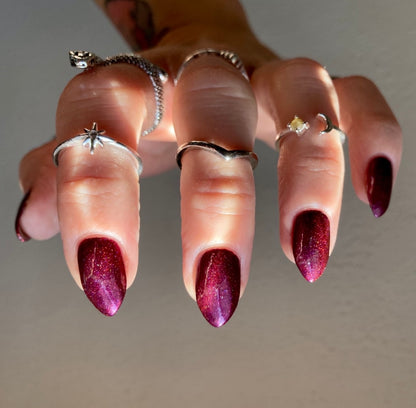 Radioactive Unicorn Mistress of the Dark holographic chrome red nail polish manicure close up
