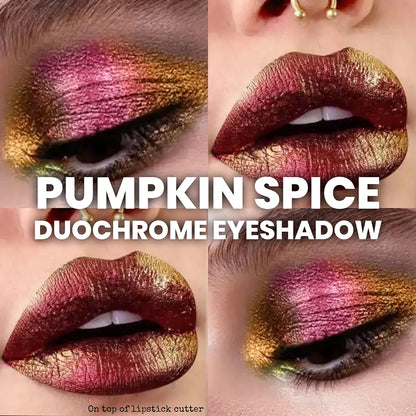 Radioactive Unicorn Pumpkin Spice duochrome liquid eyeshadow metallic orange shimmer makeup look on eyes and lips