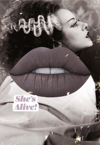 Radioactive Unicorn She's Alive lipstick lavender grey matte finish close-up on lips