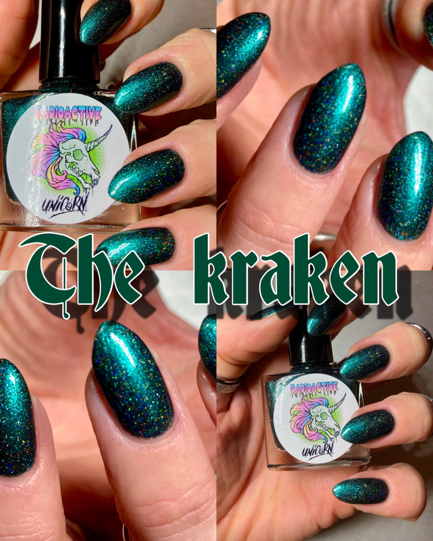 Radioactive Unicorn The Kraken nail polish deep emerald green with glitter flakes vegan cruelty-free nail lacquer
